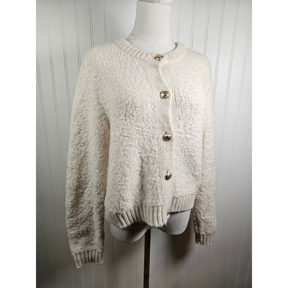 Gap Cream Boucle Textured Knit Cardigan Sweater Women's M Wool Blend